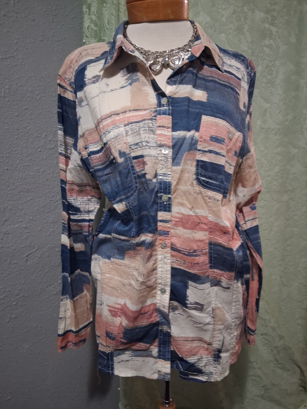 Chico's Abstract Stripe Button-Down Shirt in Blue, Pink, Cream